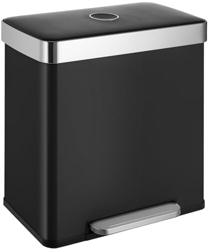 Clevich 60L Double Kitchen Bin, Stainless Steel Dual Compartment Trash Can, 2x30L Kitchen Recycling Bins w/Wide Pedal, Removable Inner Buckets w/Soft-Close Lid, Airtight Design for Home Office(Black)