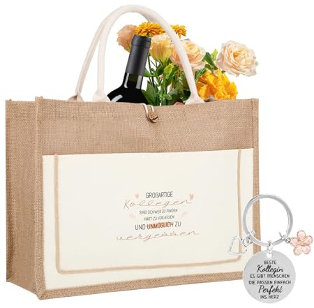 Abschiedsgeschenk Kollegen Jutetasche Groß mit Schlüsselanhänger, Abschiedsgeschenk Kollegin Set für Frauen, Geschenk Abschied Kollegin Jobwechsel, Nachhaltige Einkaufstasche für Ruhestand Jobwechsel