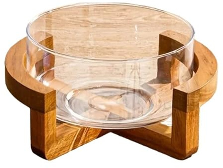Ensemble de saladiers en verre avec base en bois – Élégant bol à fruits pour la maison et le restaurant, plateau polyvalent en verre pour salade, fêtes et divertissements