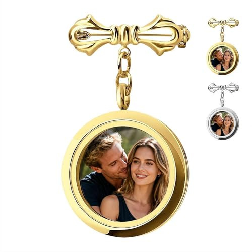 Personalisierte Foto-Hochzeitsstrauß-Brosche, doppelseitige runde Glas-Foto-Medaillon-Anhänger-Anstecknadel, handgefertigter Gedenk-Bilderrahmen für Braut, Bräutigam, Frauen und Männer (gold 1pcs)