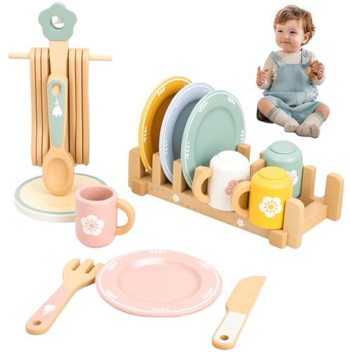 Wooden Kitchen Toys, 22 Pcs Kid Wooden Dinnerware Toy Set, Wood Kids Kitchen Playset, Funny Toddler Tea Set & Dish Rack Children Cutlery and Plate Toy Set for 3-5 Years Old (Multicolor,One Size)