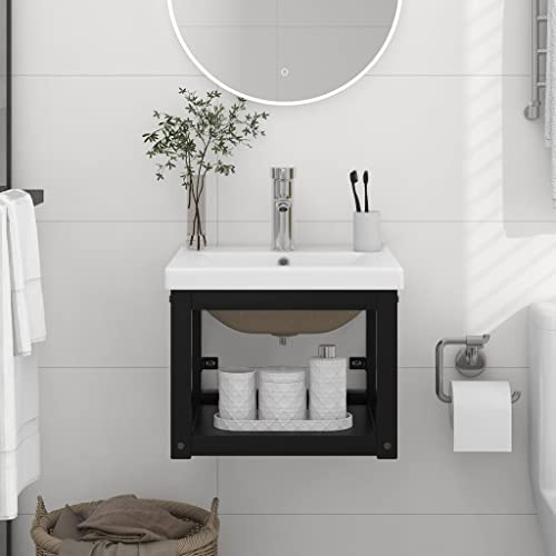 QJBSAVVA Mensola per lavabo da parete, colore nero, 40 x 38 x 31 cm, con lavabo da incasso in ceramica bianca, 42 x 39 x 18 cm, design moderno, robusto e durevole, per bagno e lavanderia