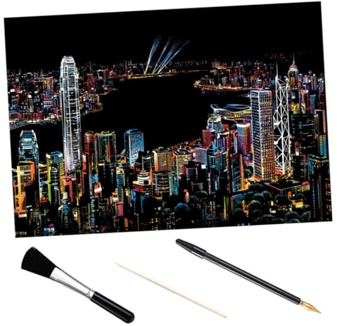 Mipcase Kit de Pintura para Rascar Ciudad Nocturna con Imagen DIY Incluye Papel para Dibujo Scratch Bolígrafo Dorado Pincel Negro y Herramienta de Bambú para Manualidades Infantiles y