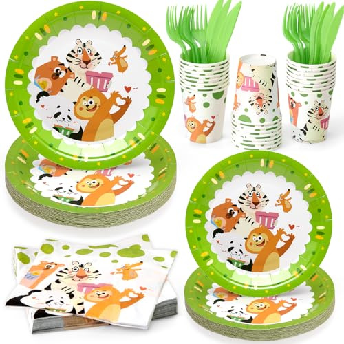 144Pcs Panda Animals Birthday Party Supplies Decorations Animal Themed Paper Plates Napkins Vintage Party Tableware Disposable Dinnerware for Girl Boy Kid Birthday Baby Shower Table Decor, Serve 24