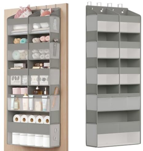 SONGMICS dörrorganisator, 9 fack, hänghylla, vikbar hängorganisator, hängförvaring, 4 metallkrokar, dörrhylla, genomskinlig, duvgrå RDH009GD01