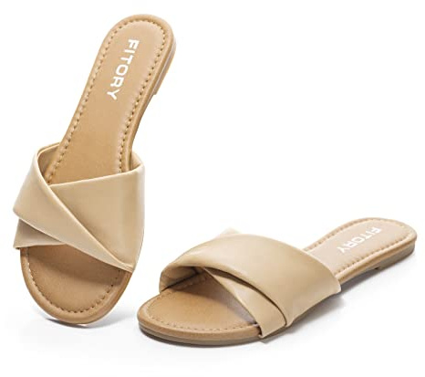 FITORY Women's Sandals Flat Slip On Leather Summer Slide Light Tan Size 4