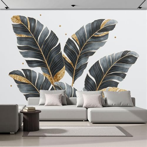 ZISTRCBAO Papier Peint Feuille D'Or Feuille De Bananier Papier Peint Panoramique 3D Plantes Tropicales De Luxe 300x210cm, Papiers Peints Photo Géante Décoration Murale Pour Salon Chambre Fond TV