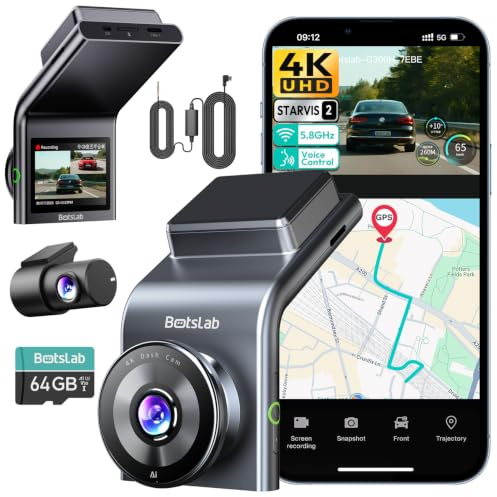 BOTSLAB 4K Dashcam Auto Vorne Hinten mit STARVIS 2,Hardwire-Kit,64GB Karte | Dual Dash Cam 4K+1080P mit 5,8GHz WiFi, GPS,24/7 Parküberwachung, WDR Super Nachtsicht, Sprachsteuerung(G300H PLUS Kit)