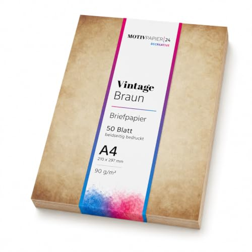 50 Blatt Briefpapier (A4) | Altes Papier Vintage beige braun | Motivpapier | edles Retro Design Drucker Papier | beidseitig bedruckt | Bastelpapier Urkundenpapier beige alt | 90 g/m²