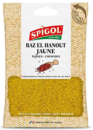 Spigol Ras El Hanout Amarillo Molido - Mezcla de especias para perfumar y colorear tus platos, bolsa de especias refermable - 100% natural - 1 bolsa de 80 g