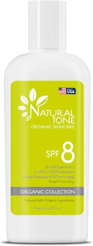 SPF8 - Crema solare naturale ad ampio spettro, crema solare minerale lenitiva e idratante, vegana, senza parabeni, crema solare resistente all'acqua per viso e corpo, 170,1 g Natural Tone Organic