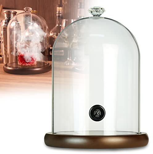 TMKEFFC Glasanzeige Kuppel Cloche zum Rauchen von Getränken mit Holzbasis, Cocktails Food Smoke Infuser Zubehör, Smoking Dome Bell