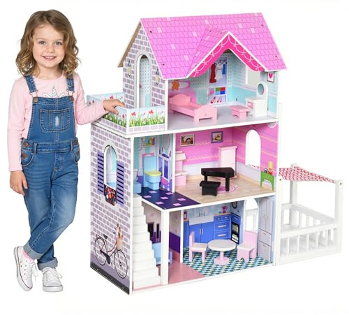HOMCOM Casa delle Bambole in Legno, Casetta delle Bambole per Bambini a 3 Piani con 13 Accessori, Giocattolo per Bambini 3+ Anni