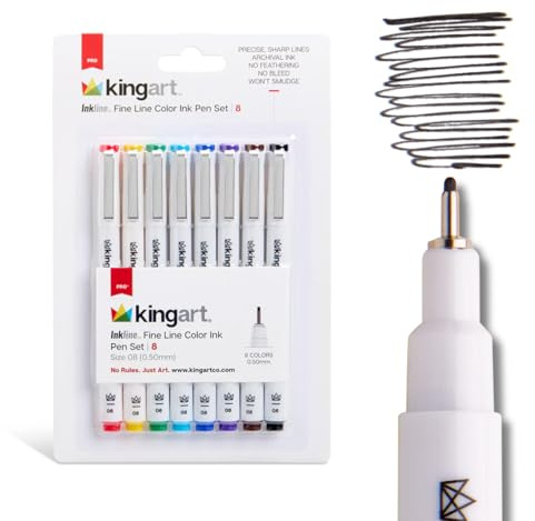 KINGART PRO Inkline Color Micro Line & Precision Graphic Pen, 8 COLORS, Size 08 (.60mm) Nibs, Archival Waterproof Japanese Ink for Art, Illustration, Lettering, Anime, Technical Drawing, Manga