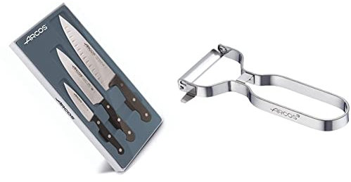 Arcos Serie Universal, Juego de Cuchillos de Cocina de 3 piezas, 3 Cuchillos Cocineros, Hoja de Acero Inoxidable Nitrum + Gadgets Profesionales, Pelador de Frutas Pelador de Verdura