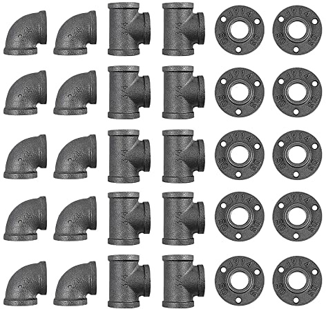 Niubid 30 Pack 3/4 Inch Cast Iron Pipe Fittings (10 Elbows, 10 Tees, 10 Flange), DIY Steampunk Industrial Vintage Style.