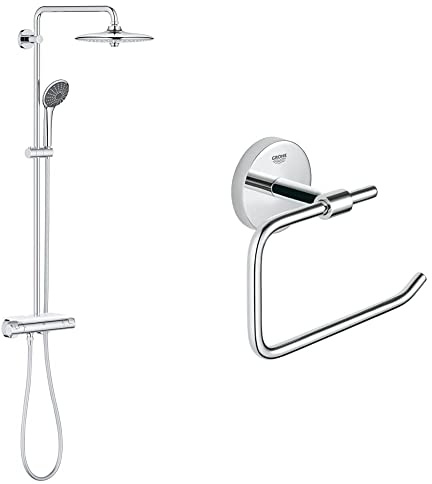 GROHE Chrome Vitalio Joy 26403001 260 Shower System with Thermostat for Wall Mounting, Ø 260 mm & GROHE 40457001 | BAU Cosmopolitan Toilet Roll Holder