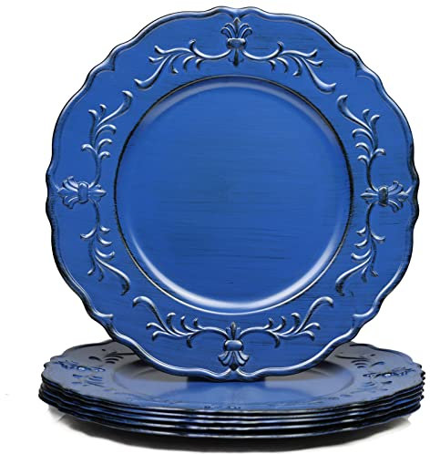 Spsyrine Antique Royal Blue Charger Plate, 13” Embossed Plastic Table Plate Chargers for Dinner, Set of 6 Elegant Decorations for Wedding, Dining, Party Events.