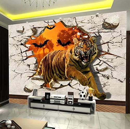 Papier peint photo 3D personnalisé Tiger Breaking Wall Poster créatif Décoration murale pour salon Décoration moderne 430 cm x 300 cm