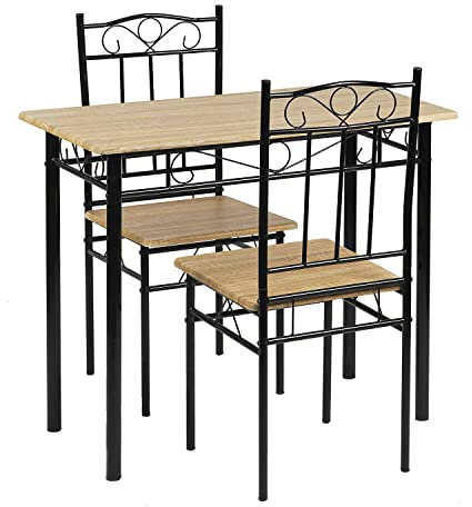 IPOTIUS Esszimmer-Set mit Esstisch und 2 Stühlen, Esstisch und Stuhl aus Buchenholzmaserung, Schwarze Metallbeine, für Esszimmer, Küche, Wohnzimmer