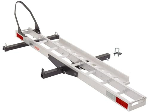 Black Widow Motorcycle Hitch Carrier with Wheel Chock and Loading Ramp Lightweight Aluminum 400 lb. Capacity Anti-Rattle Included Fits 2 Receiver
