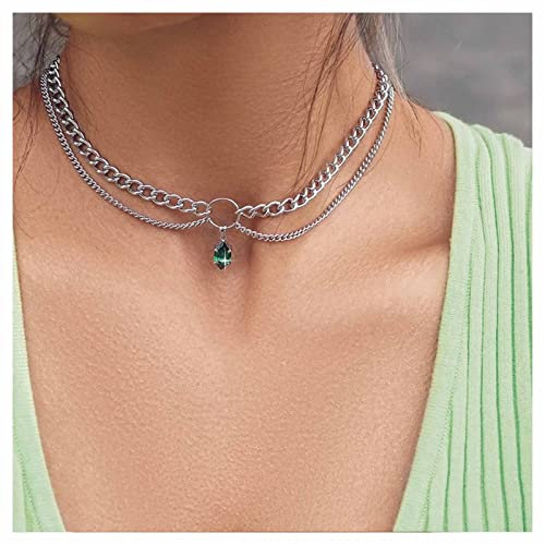 Allereya Vintage Geschichtet Smaragd Anhänger Halskette Kristall Smaragd Halskette Silber Kreis Choker Halskette Punk Kandare Kette Halskette Schmuck Für Frauen Und Mädchen (Silber)