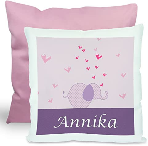 CreaDesign, Kinder Kissen 40x40 cm personalisiert mit Namen, Kinderzimmer Deko Kissen Kinder mit Füllung Federn, Motiv Elefant lila, Rückenfarbe Rosa