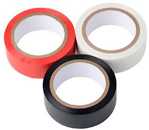 Tradineur - Pack de 3 cintas aislantes autoadhesivas de pvc, instalaciones eléctricas, reparar, proteger y agrupar cables, bricolaje (Negro, blanco y rojo - 19 mm x 6 m)