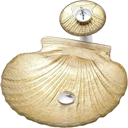 SXLSZ Waschbecken aus Gehärtetem Glas Aufsatzwaschbecken Goldene Muschelform Aufsatz-Waschschale 12 mm Dick Handwaschbecken Aufsatzbecken mit Wasserfall-Wasserhahn und Pop-Up-Drain Combo