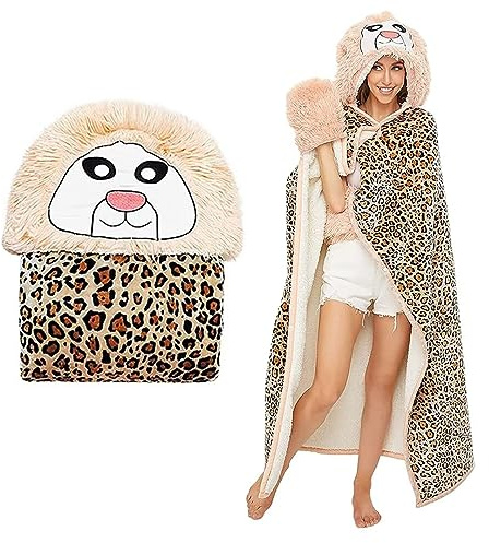 ARRITS Tier Kuscheldecke mit ärmeln und Kapuze - Super Weich Lustige Leoparden Decke Geschenke für Frauen - Warm Flanell Sherpa Tragbare Decke - TV-Decke Sofadecke 150x130cm