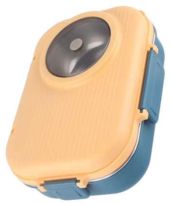 Thermobehälter 1100ml, Thermoisolierte Edelstahl Brotdose Zweischichtige 3 Fächer, Auslaufsicherer Box mit Suppenschale Essstäbchen Löffel (Blau Gelb)