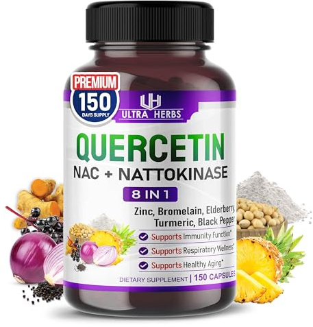 Quercetin Supplement with Bromelain, Vitamin C and Zinc, Nattokinase, NAC, Elderberry, Elderberry | 8 in 1 Ultra Antioxidant Complex for Immune Health | 150 Capsules
