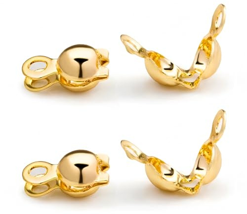 100 Stück 18K Gold Quetschperlen für Schmuckherstellung - 4mm Quetschperlenabdeckungen, Knotenabdeckungen für Schmuckherstellung, Knotenabdeckungen Clamshell Klapp-Perlenabdeckungen für DIY Armbänder