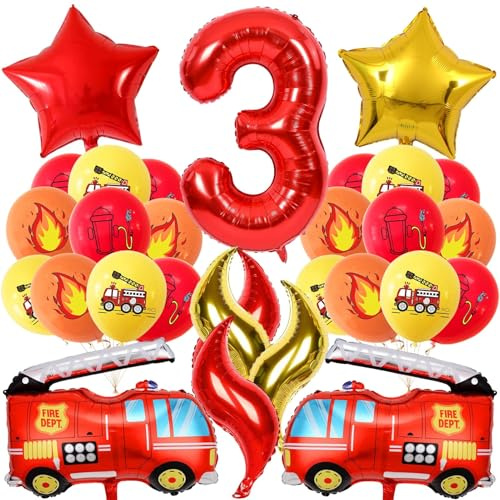 Feuerwehr Geburtstag Deko 3 Jahre 21 Stück | Feuerwehrauto 3 Geburtstag Luftballon, Kindergeburtstag Feuerwehrauto Deko, Geburtstagsdeko 3 Jahre Junge