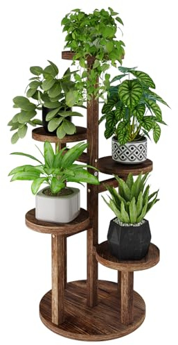 Bamworld 5 Tier Tall Plant Stand Indoor, Corner Wood Plant Shelf for Multiple Plants, Tiered Round Flower Stand for Patio Garden Balcony Living Room Bedroom