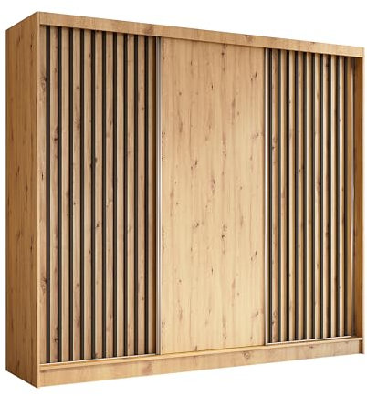 ALTDECOR Kleiderschrank mit furnierten Schiebetüren, kugelgelagerte Führungsschienen und Aluminium-Leisten, LED-Beleuchtung (16 Farben) und Fernbedienung - LABELO - 240 cm Artisan + Artisan + Schwarz