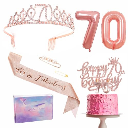70th Birthday Decorations Set - Rose Gold 70th Birthday Sash and Tiara Party Crown, Cake Topper and Candles, Number 70 Foil Balloons, Party Supplies, 70th Year Old Gifts for Her Women