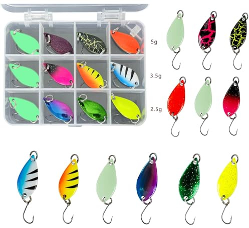 Forellen Spoon Set Forellenköder 2,5g/3,5g/5g,Angelköder Spinner Blinker Set Leuchtköder mit Teilig Einzelhaken Haken Aufbewahrungsbox (12 Stück)