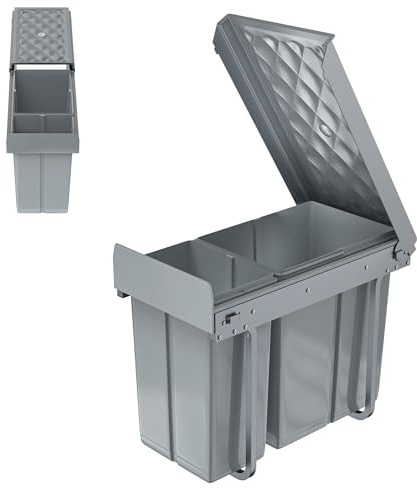 XMTECH Einbaumülleimer Küche Auszug, Einbaumülleimer Unterschrank Müll-Trennsystem, 2 Fächer Ausziehbar 1 x 20L & 1 x 10L, Vollauszug mit Teleskopschienen, 48 x 26 x 42 cm (L x B x H), Grau