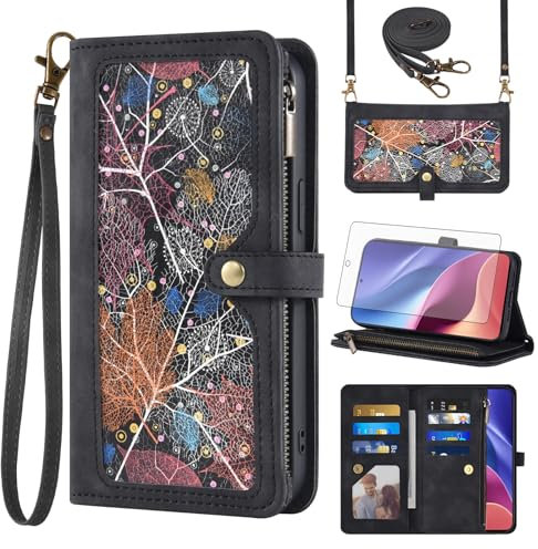 Asuwish Funda para Xiaomi Poco F3/Mi 11i 5G, funda con cinta protectora de pantalla, tarjetero, plegable, piel, billetera, soporte Mi11i/11X Pro/Redmi K40 Plus, funda para teléfono móvil, color negro