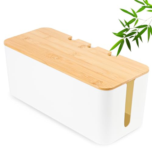 Kabelbox, Kabelmanagement Box, Kabel Organizer Box mit Holzdeckel, Große, Mittelgroß und Kleine Kabelmanagement Box Adapter, Steckerleisten, Kabel Verstecken Box Weiß (L=40.7 * 15.7 * 13.4cm)