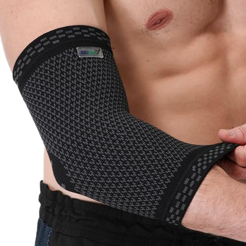 NEOtech Care Coudière en fibre de bambou - Matériau léger, élastique, flexible et respirant - Compression médium - Protège-coude pour sport (Noire, Taille L, 1 Unité)