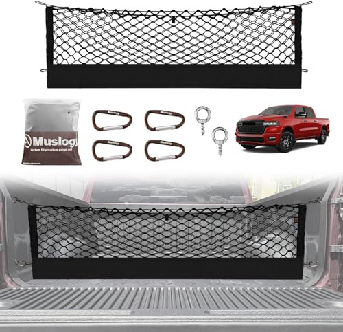 Muslogy Rete da carico per letto camion compatibile con Dodge Ram 1500 2019-2025 Accessori Rete portaoggetti per letto, organizer per pickup, camion, letto, busta, con moschettoni resistenti, 10 pezzi