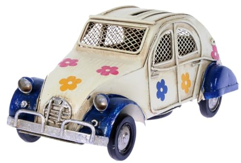 Metallauto geblümt dunkel blau beige 16 cm als Spardose Auto Metall PKW Oldtimer Ente Nostalgie Citroen 2CV