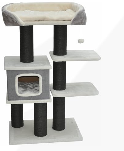 nanook Kratzbaum Katzenkratzbaum für Katzen - Katzenhöhle - Schwarze Sisalstämme - kuschlieger XL Schlafplatz - 119 x 77 x 42 cm - grau beige