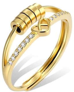 ALEXCRAFT Gold Rings for Women Men, Anxiety Rings 14K Gold Plated Sterling Silver Heart Ring with Zirconia Spinner Bead Stress Relief Ring, Stackable Adjustable Thumb Finger Ring Gold Unisex Rings
