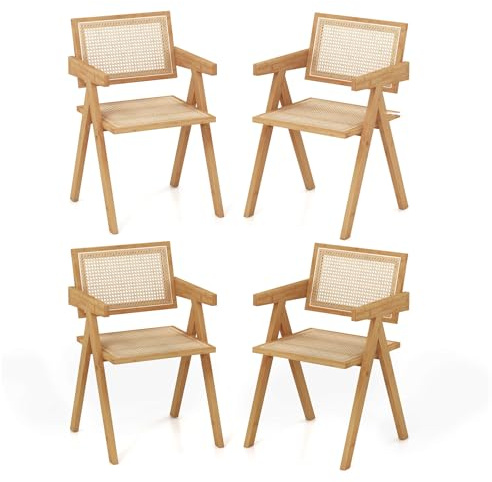 COSTWAY Esszimmerstühle 4er Set, Küchenstühle Rattan, Holzstühle aus Bambus, Esstisch Stühle mit Armlehnen, Essstühle für Esszimmer, Küche, Natur