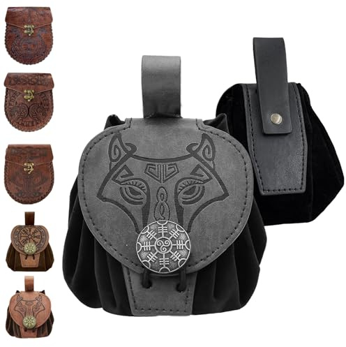 AUNGKWANG Bourse Porte Monnaie en Faux Cuir Embossé MéDiéVal, Pochette Ceinture Homme, Bourse Porte Monnaie,Parfait pour Les Hommes, Les Femmes, Les Costumes d'halloween RéTro Et Le Cosplay(Noir)