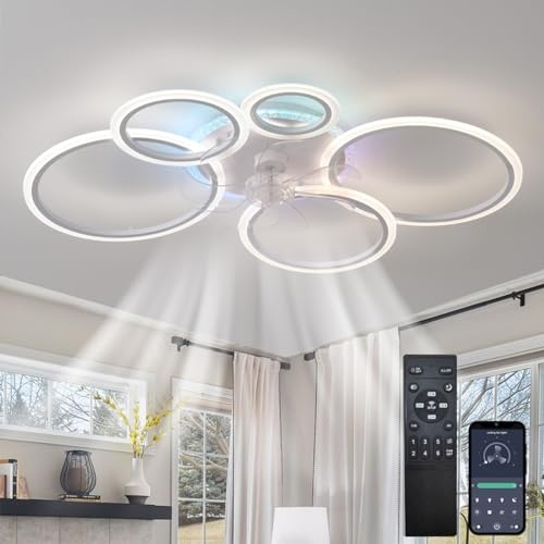 YFHKWJ 5 Anelli Lampadario Ventilatore Con Telecomando APP 6 Velocità Motore DC RGB Plafoniera Con Ventilatore Per Camera Da Letto Soggiorno LED Dimmerabile Lampadari Con Ventilatore Design