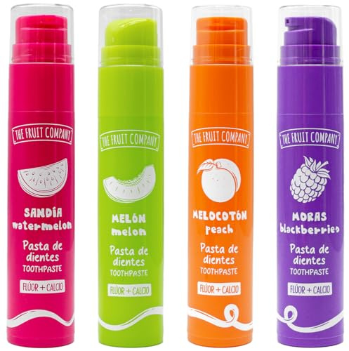 The Fruit Company Pasta Dental Flúor + Calcio Pack de 4 Unidades, sin azúcar con Sabor a Melón, Moras, Melocotón y Sandía en Fórmula Vegana